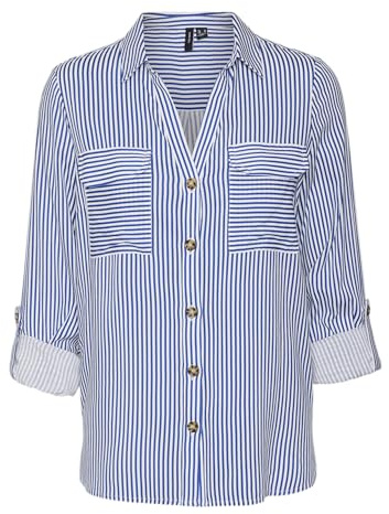 VERO Moda Noos Women's Shirt VMBUMPY L/S Shirt, Beaucoup Blue/Stripes: Snow White, M