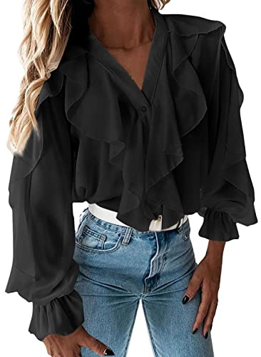 Volant tinta unita con scollo a V, elegante camicetta con maniche a sbuffo per donne camicie sexy, Nero , M