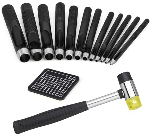 TLKKUE Hole Punch(1.0-10mm), Round Leather Working Hollow Punch Steel Heavy Duty Hole Punches with Leather Carving Hammer Cutting Mat for Watch Band, Belt, Wristband DIY Crafting