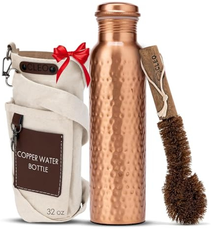 AVA DESIGNZ Hand Hammered Pure Copper Water Bottle 950 ml – Ayurvedic Leakproof Metal Sports & Gym Water Bottle | BPA Free Large Water Bottle for Yoga Travel and Office Canvas Bag & Brush Lab Tested