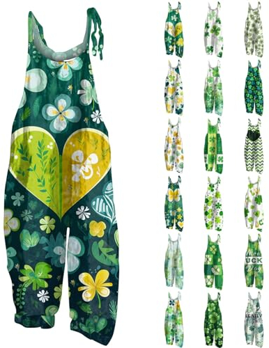Kleeblatt Ohrringe Hosenanzug Damen Elegant 2 Teiler Ski Latzhose Damen Kleeblatt Druck St Patricks Day Kostüm Spaghetti Jumpsuit Mit Taschen Wide Leg Playsuit Jumpsuit Rot (Green, XL)