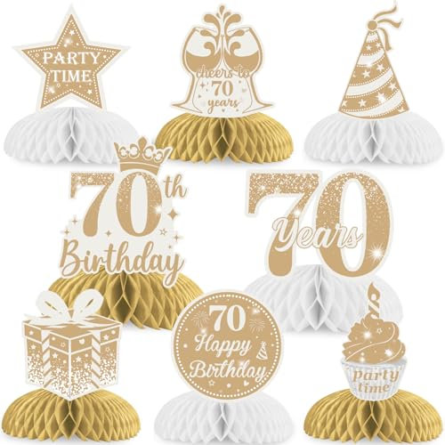 JOYMEMO 8 Stück Boho 70. Geburtstag Wabenaufsätze – Weiß und Gold 70. Geburtstag Dekorationen für Damen und Herren, Weiß Beige 70. Geburtstag Tischaufsätze Partyzubehör
