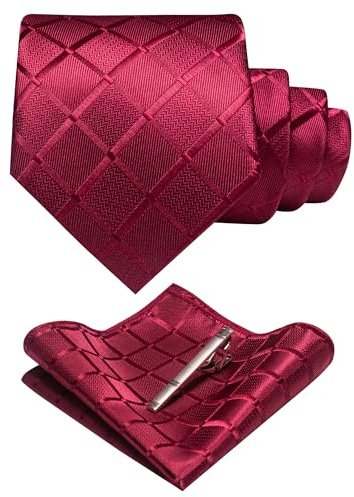 JEMYGINS Set Cravate Homme Motif Carreaux avec Pochette et Pince a Cravate pour Mariage Business et Ceremonie Bordeaux Variante 2
