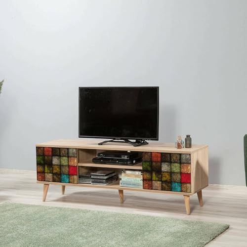 Dmora - Mobile porta TV Amalthea, Credenza da soggiorno, Armadio basso per TV, Base parete attrezzata, 140x40h50 cm, Quercia e Multicolore