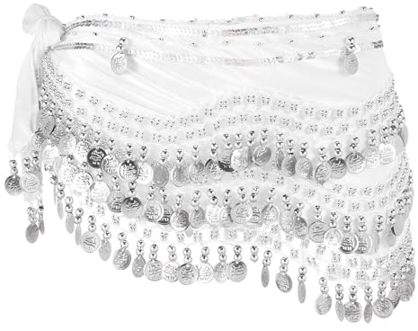 sourcing map Belly Dance Hip Scarf 59x11, 1 Pack Women's Belly Dance Costume Skirt Wrap with 248 Silver Coin for Dance or Yoga Class, White