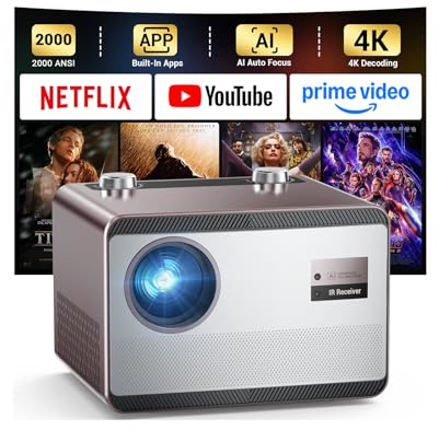 Projector 4K with WiFi and Bluetooth [2000 ANSI/AI Auto Focus/Built in Apps], Outdoor Movie Projector with Smart TV OS 2.0 & Dolby, HAPPRUN Home Theater Projector for Indoor/Outdoor Use