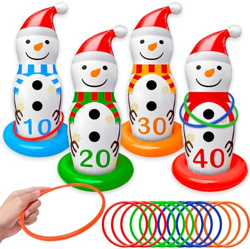 Christmas Ring Toss Game Inflatable Snowman Christmas Party Games for Kids Family Adults Xmas Activities Supplies Decoration Indoor Outdoor Garden Toys 4 Scoreboard Snowman,12 Plastic Rings Gifts