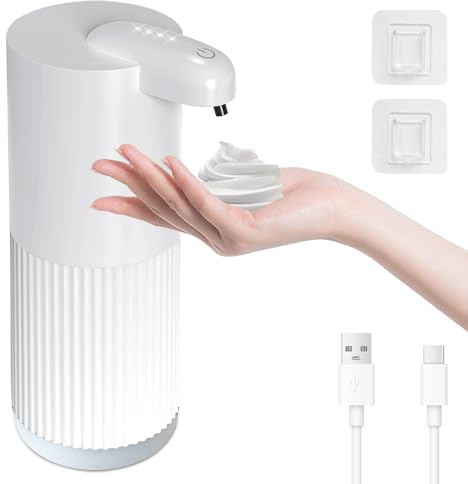 Cuteefun Dispensador Jabon Baño Automatico, 400ml Recargable Dosificador Jabon Espuma, 4 Niveles Ajustables, Montaje en Pared, Impermeable IPX5, Sensor Infrarrojo Sin Contacto para Cocina, Blanco