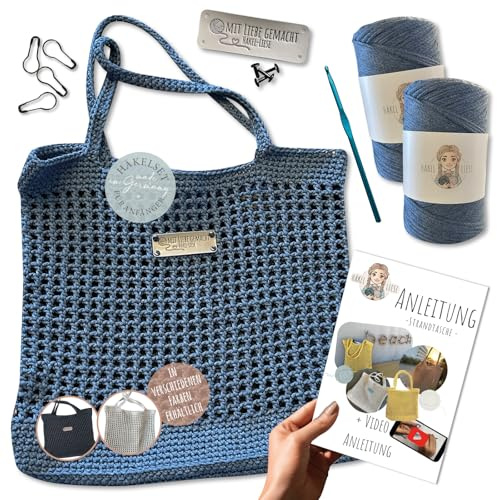 HÄKEL LIESE Set all'uncinetto per principianti, borsa da spiaggia da donna, set per principianti, adulti, uncinetto, borsa all'uncinetto, set fai da te per adulti, borsa all'uncinetto (blu)