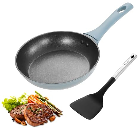 Family Non-stick aluminiumstekpanna 24 cm imiterad gjutning + nylonspatel (34,5 x 9,5 cm), förstärkt bas och robust beläggning, lämplig för induktion, lätt att rengöra, gråblå