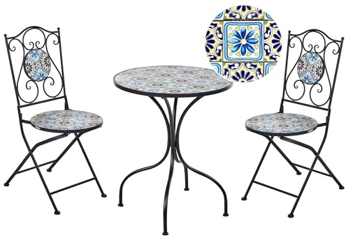 Beliani Ensemble de Bistro Vintage en Métal Meuble d'Extérieur avec Plateau Motif Mosaïque Table et Chaises Noir Aggius
