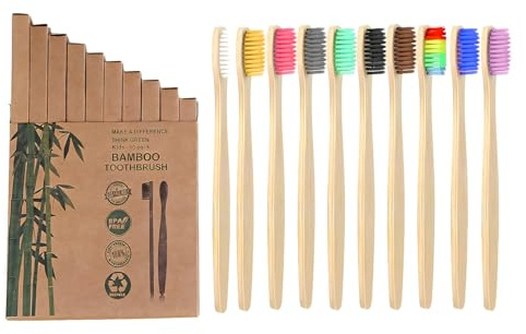 10 cepillos de dientes de bambú, cepillo de dientes de madera de bambú con cerdas extra suaves con carbón activo para una mejor limpieza, cepillos de dientes sueltos, multicolor para adultos y niños