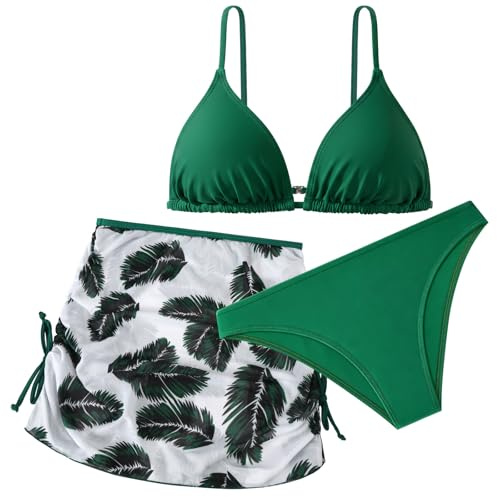 Aolso Bikini Niña 3 Piezas, Trajes de Baño Hawaianos de Verano, Conjunto de Bikini para Niñas, Moda Ropa de Playa con Falda para Niña, Modernos y Hermosos para Niñas 9-13 Años (Verde/Azul Bruma)