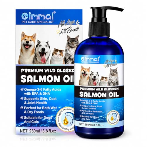 Huile de Saumon Sauvage d'Alaska Premium pour Chiens et Chats, Oméga-3-6 EPA & DHA, Soutien Peau, Pelage et Articulations, 250 ML