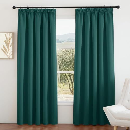 PONY DANCE Blackout Pencil Pleat Curtains, Dark Green, W66 x L90, 2 Panels | Thermal Insulated Curtains with Noise Reducing & Privacy, Luxury Soft Window Treatment for Bedroom & Living Room