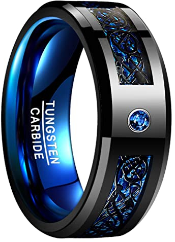 NUNCAD Herren Ring Keltischer Drache Schwarz Blau mit Kohlefasern Zirkon Stein Unisex Wolfram Ring 8mm Breit Hochzeitsring Verlobungsring Freundschaftsring Größe 57