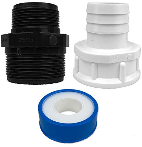 well2wellness® PVC gänghylsa AG x AG (2 tum x 1 tum 1/2) + tryckslangkoppling IG x slanganslutning räfflad (1 tum 1/2 x 38 mm) och teflonband
