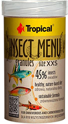 Insect Menu GRANULES Size XXS 100 ml/64 g, multikomponentfiskfoder i form av små granulat baserat på 3 insekter