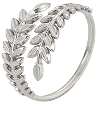 kkjoy Anillo de Hoja de Acero Inoxidable de la Serie de Plantas Naturales - Dedo Abierto, Rama y Envolvente - Joyería para Mujeres y Niñas