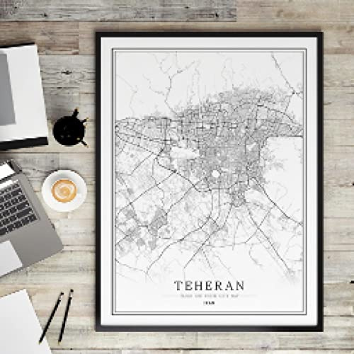 Yangld Póster de mapa de la ciudad en blanco y negro de Irán, sala de estar nórdica, arte de pared de Teherán Tabriz, decoración del hogar, pintura en lienzo, decoración de pared, 40x60CM sin marco