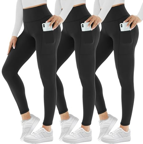 AMIYOYO 3 Pack Leggings for Women with Pockets High Waist Gym Leggings | Tummy Control Stretchy Yoga Pants Trousers Workout Sports Fitness Running