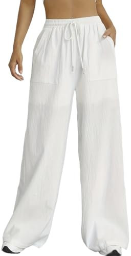 Nuofengkudu Sommer Weite Hose Damen Sommerhose Leichte Taschen Kordelzug Gummizug Lockere Elegant Lang Yogahose High Waist Freizeithose Bequeme Luftig Bootcut Schlupfhose Palazzo Relaxhose Weiß L