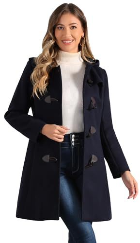 Allegra K dam vinterrock dufflecoat gaffelknappar huva kappa, Mörkblå, S