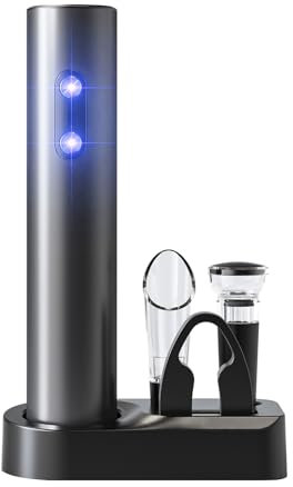 Cuteefun Cavatappi Elettrico per Vino, 5 in 1 Set Apribottiglie Vino, Apri Bottiglia Riutilizzabile, con Base, Tagliacapsule, Versatore, Pompa a Vuoto, Cavatappi a Batteria per Bar, Casa, Regalo