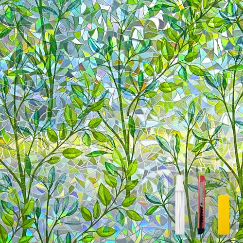 Countewol Window Privacy Film Stain Glass Window Film Rainbow Window Film Window clings Non-Adhesive Reusable Decorative for Room (Leaf Rainbow, 17.5 x 78.7 in)