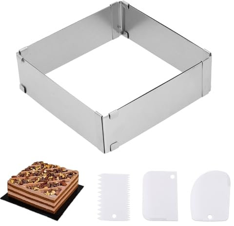 Neylokfen Backrahmen Rechteckig Verstellbar Backrahmen Eckig Verstellbar Tortenrahmen Edelstahl Backform Quadratische Kuchenform für Backen Schichttorten Torten Pizza (15-28 cm)