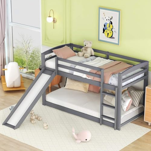 Lit Superposé Moderne et Ludique pour Enfants avec Toboggan, Cadre en Bois Massif, Sécurisé et Fonctionnel, Optimisation de l'espace pour Chambre d'enfant(No Matelas)