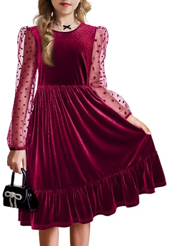 Arshiner Girls Velvet Dress Kids Long Sleeve Party Casual A-Line Dresses | Solid Color,Round Neck,Mesh Puff Sleeve,Ruffled Hem,Evening Dress,Autumn Winter,Birthday,Halloween,Christmas,with Pocket