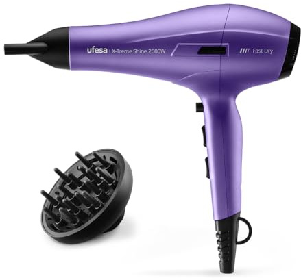 Ufesa Secador de Pelo Profesional X-Treme Shine 2600W, Motor AC, Tecnología Iónica, Sin Encrespamiento, Recubrimiento de Aceite de Argán, Incluye Difusor y Concentrador, 2 Velocidades, 3 Temperaturas