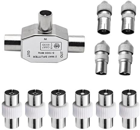 11 Pcs TV Aerial Coaxial Splitter, 2 Way 1 Male to 2 Female Digital Signal Splitter Cable, Includes Male & Female TV Aerial Connectors, Coaxial Couplers, Compatible with Multibox VR PVR DVR DVD VCR
