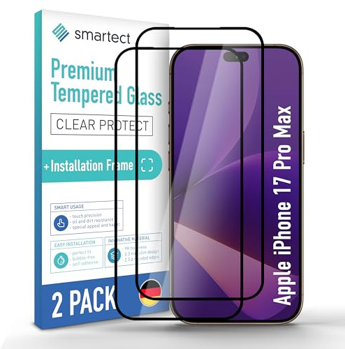 smartect [2 Stycken, Fullskärm] Skärmskydd kompatibel med Apple iPhone 17 Pro Max, incl. Sjabloon voor Installatie, Clear Screen Protector i Härdat Glas 9H, Bubbelfri Installation, Anti-Fingeravtryck