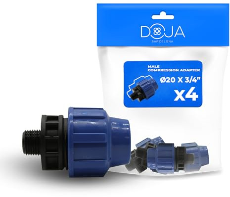 DOJA Barcelona Kompressionsadapter Han PP Gänga - Paket 4-20x3/4- Anslutning för Rör, Kompressions Polyetenrör för Vatten, Korrosionsbeständig, Enkel Installation