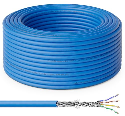 deleyCON 20m CAT 8 Installationskabel Koppar (CU) Solid S/FTP PiMF Skärmning 40Gbps 2000MHz AWG22 Nätverkskabel Installationskabel LAN Ethernet Nätverk Datakabel LSZH Halogenfri BauPVO B2ca - Blå