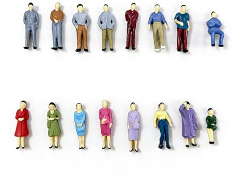 Foonary Lot de 60 figurines miniatures à l'échelle 1:50 pour petites personnes avec différentes poses assises et debout, 16 types de modèles pour modélisme, chemin de fer, musée, scènes de couleurs