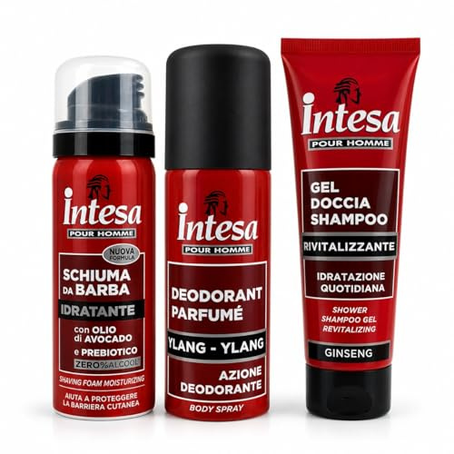 Kit Viaggio Uomo 3 Pezzi 50ml, Schiuma da Barba Idratante, Deodorante Spray Ylang, Gel Doccia Shampoo Rivitalizzante al Ginseng