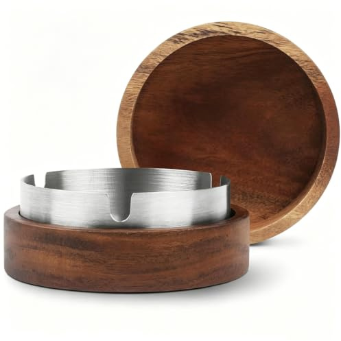 Cendrier en Bois de Noyer avec Couvercle et Doublure en Acier Inoxydable Cendrier Anti Odeur Ferme pour Exterieur de Table Cendrier Coupe-Vent pour Maison Bureau Bar et Voiture Couleur Argent