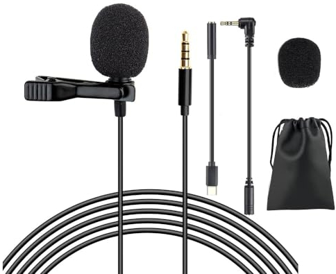 Lavalier Microphone, 2M Clip on Microphone 3.5mm Omnidirectional Condenser Mic with 4 pin to 3 pin Adapter for Smartphones, PCs, Cameras