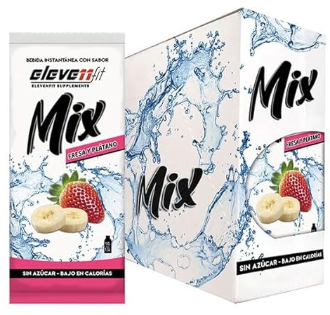 Eleven Fit Mix Instantáneo Sabor Plátano Y Fresa | Prepara 1.5L de Bebida Saludable, Sin Azúcar y Baja en Calorías | Ideal para Mezclar con Agua y Mejorar tu Dieta | Caja de 24 Sobres