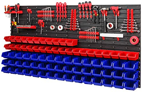 PAFEN Lagersystem - 1544 x 780 mm - Wandregal 75x Rot/Blue Stapelboxen und 38 Stück Rot Werkzeughalter | Wandplatten mit Zubehörteile