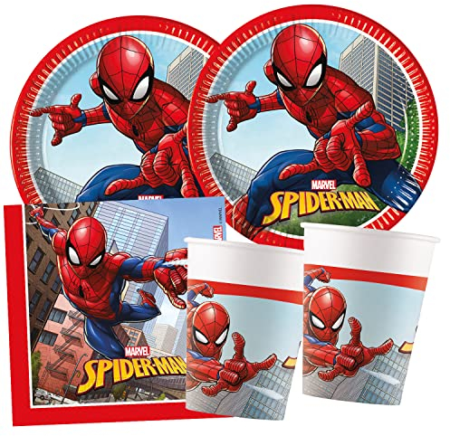 Procos - Set de fiesta S Spider Man Crime Fighter, 52 piezas, 16 platos, 16 vasos, 20 servilletas, vajilla desechable, vajilla de fiesta, decoración de mesa