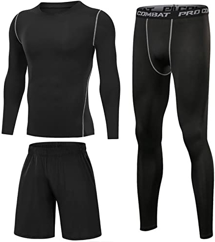 Terecey 3 Pezzi Completo Palestra Uomo, Tuta Compressione Corsa Running Asciugatura Rapida Maglietta Pantaloncini Sportivo Leggings Nero - L