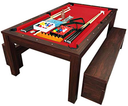 Table de Billard Convertible en Table a Manger – 7 Pieds Rich Red avec Bancs Conteneurs