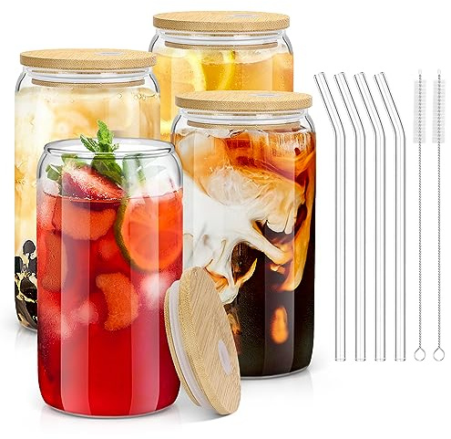 sungwoo 4PCS Glass Cups with Bamboo Lids and Straws, 16OZ Ice Coffee Cup, Drinking Cup set with Wooden Lids, Home Essential Glass Tumblers for Beer, Cocktail, Tea and Latte Clear