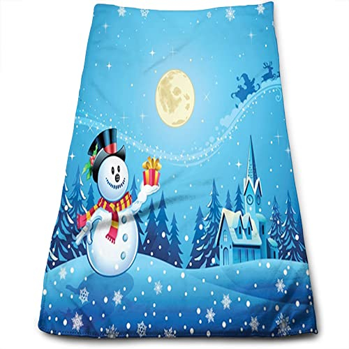 Weihnachts-Waschlappen für das Badezimmer – hochwertige Flanell-Waschlappen, „Schneemann bekommt das Geschenk vom Weihnachtsmann, sehr saugfähige und weiche Handtücher mit Fingerspitzen, blau-gelb –