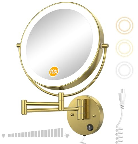 Gospire 9” Wall Mounted Lighted Magnifying Mirror, 1X/10X Magnification Double-Sided LED Bathroom Mirror, 3 Color Lights & Stepless Dimming with Touch Sensor, Extendable Arm 360° Swivel for Shaving