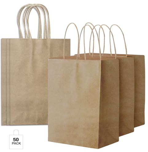CHARMGIFTBOX 50 Pezzi Sacchetti Regalo Marrone, 15x8x21cm Buste Carta con Manico, Sacchetti Carta, per Feste, Compleanno, Matrimoni, Baby Shower, Natale